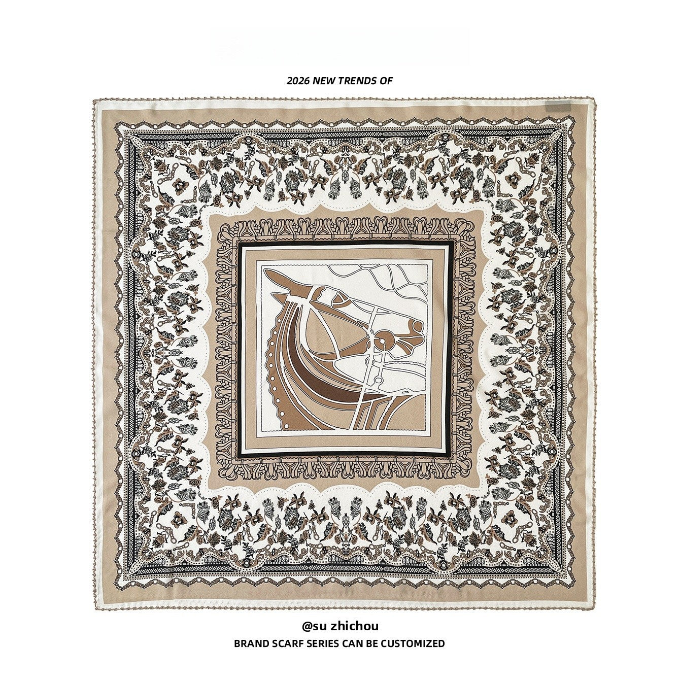 Women’s Commute Silk Scarf Featuring Elegant Horse Pattern, Perfect For Summer