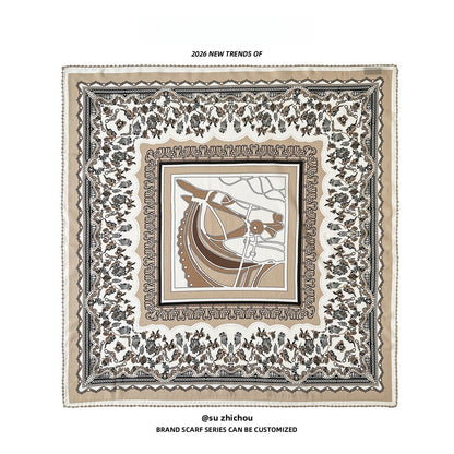 Women’s Commute Silk Scarf Featuring Elegant Horse Pattern, Perfect For Summer