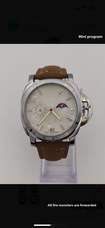 Men's Mechanical Round Dial Watch With Genuine Leather Strap, Pin Buckle, Tempered Glass Mirror, And Pointer Display