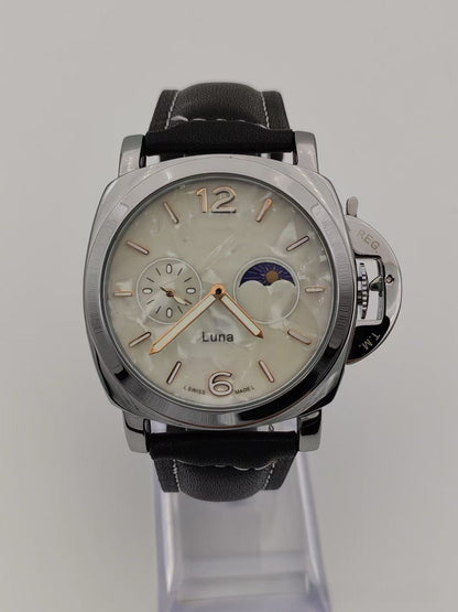 Men's Mechanical Round Dial Watch With Genuine Leather Strap, Pin Buckle, Tempered Glass Mirror, And Pointer Display