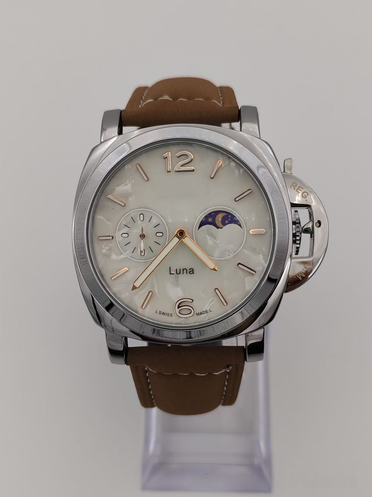 Men's Mechanical Round Dial Watch With Genuine Leather Strap, Pin Buckle, Tempered Glass Mirror, And Pointer Display