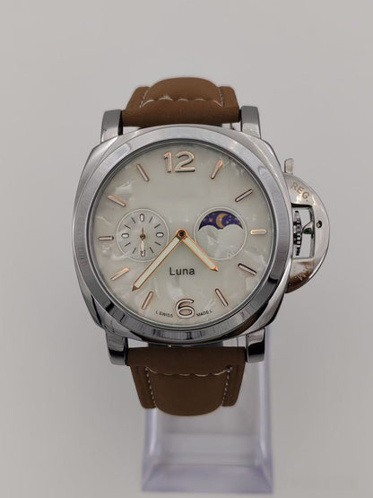 Men's Mechanical Round Dial Watch With Genuine Leather Strap, Pin Buckle, Tempered Glass Mirror, And Pointer Display