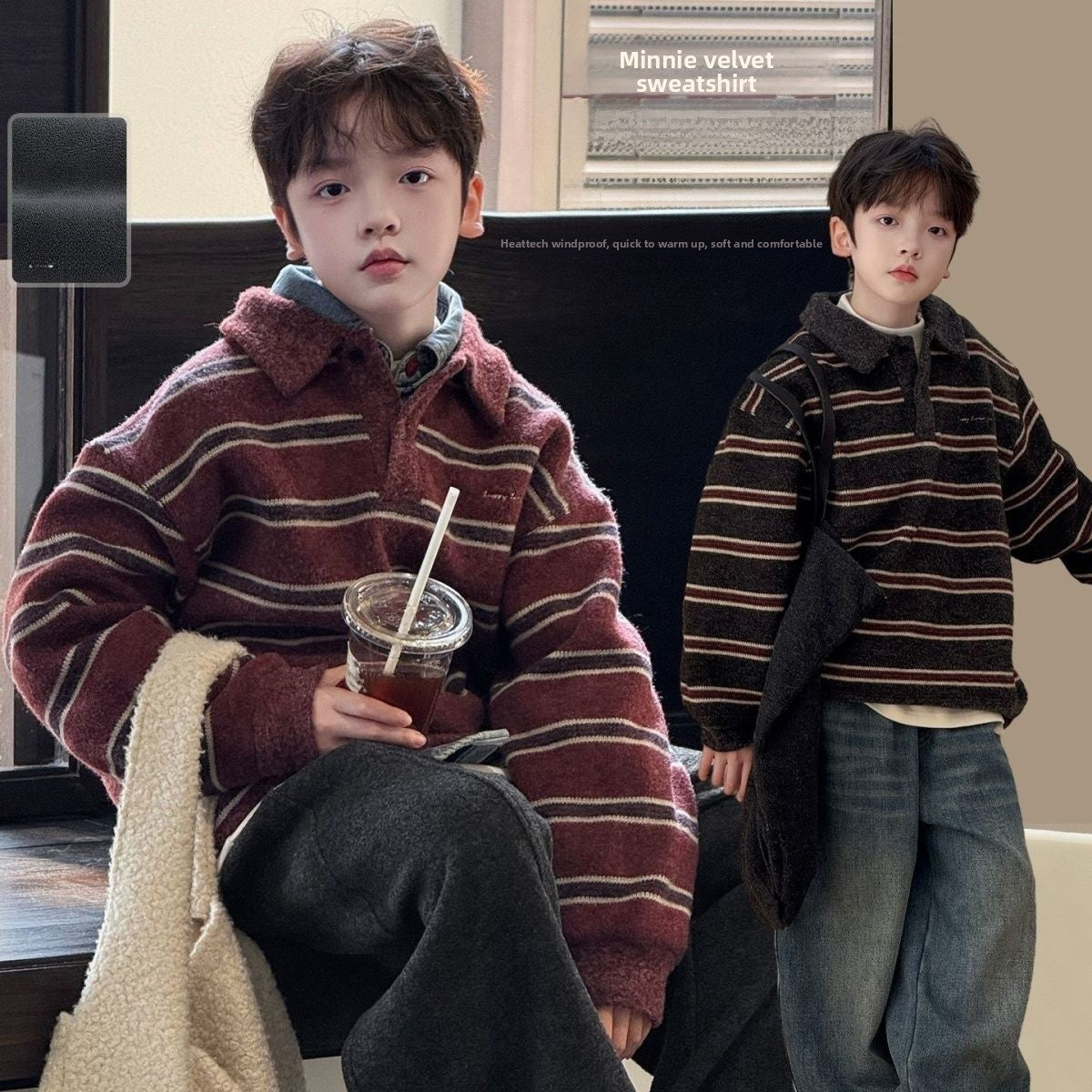 Boy's Red Stripe Acrylic Sleeveless Pullover Sweater With Lapel Collar For Children