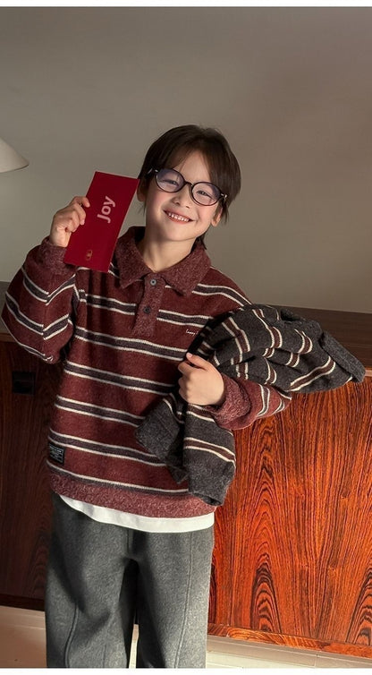 Boy's Red Stripe Acrylic Sleeveless Pullover Sweater With Lapel Collar For Children