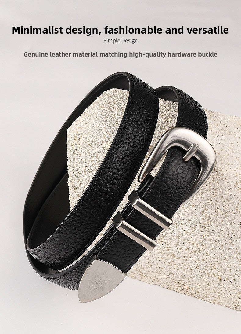 Women's Genuine Leather Business Belt With Alloy Pin Buckle In Dyed Black