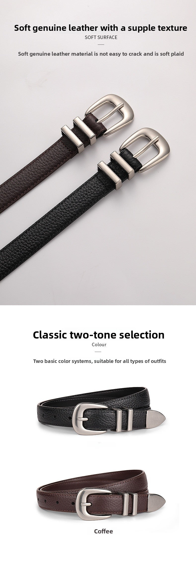 Women's Genuine Leather Business Belt With Alloy Pin Buckle In Dyed Black