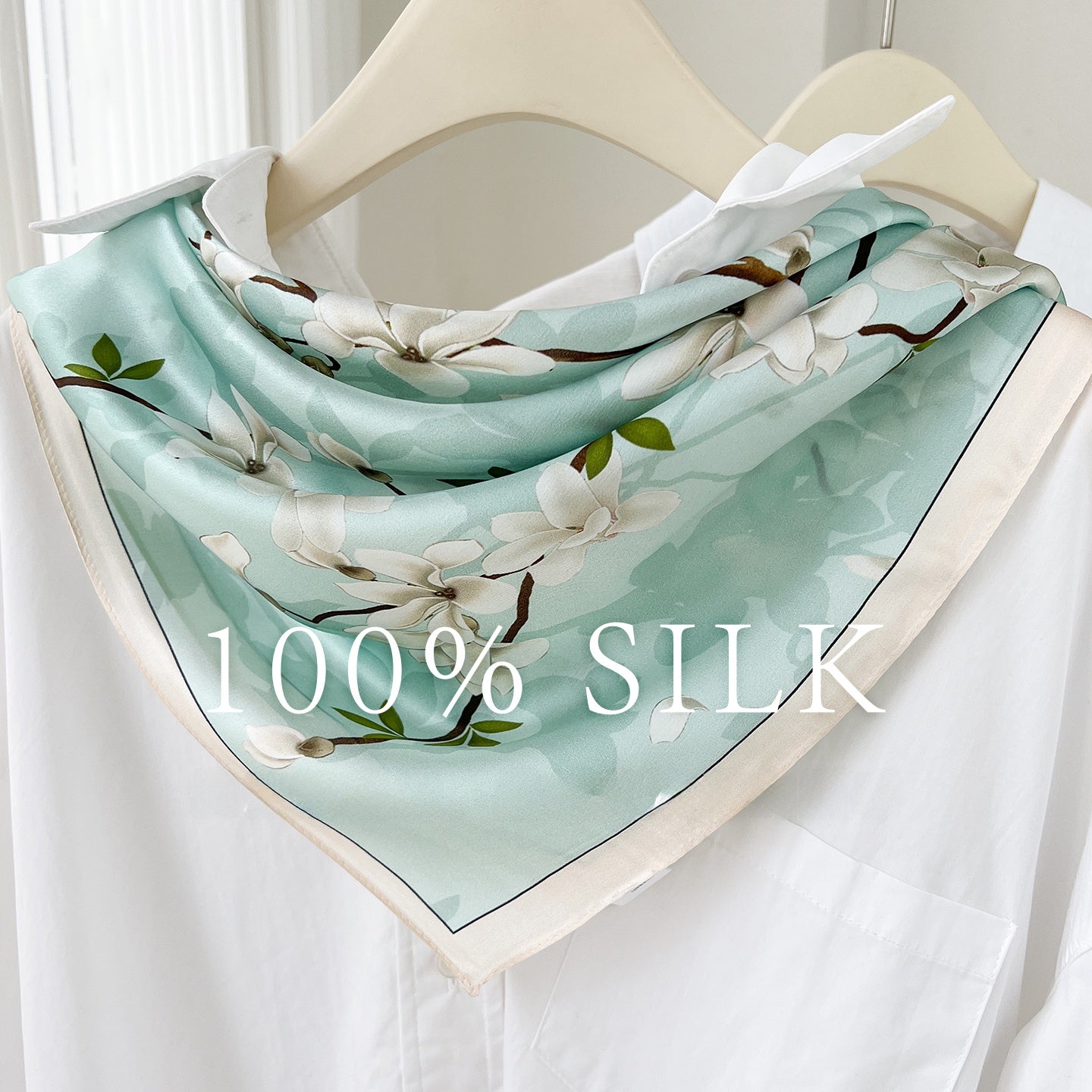 Casual Women’s Silk Scarf With Flowers Pattern In Green, Perfect For Spring