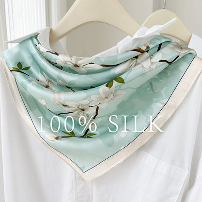 Casual Women’s Silk Scarf With Flowers Pattern In Green, Perfect For Spring