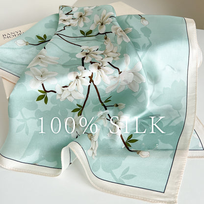 Casual Women’s Silk Scarf With Flowers Pattern In Green, Perfect For Spring