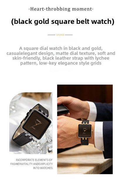 Men's Quartz Watch With Square Dial, Genuine Leather Strap, Tempered Glass Mirror, And Pointer Display Featuring Pin Buckle