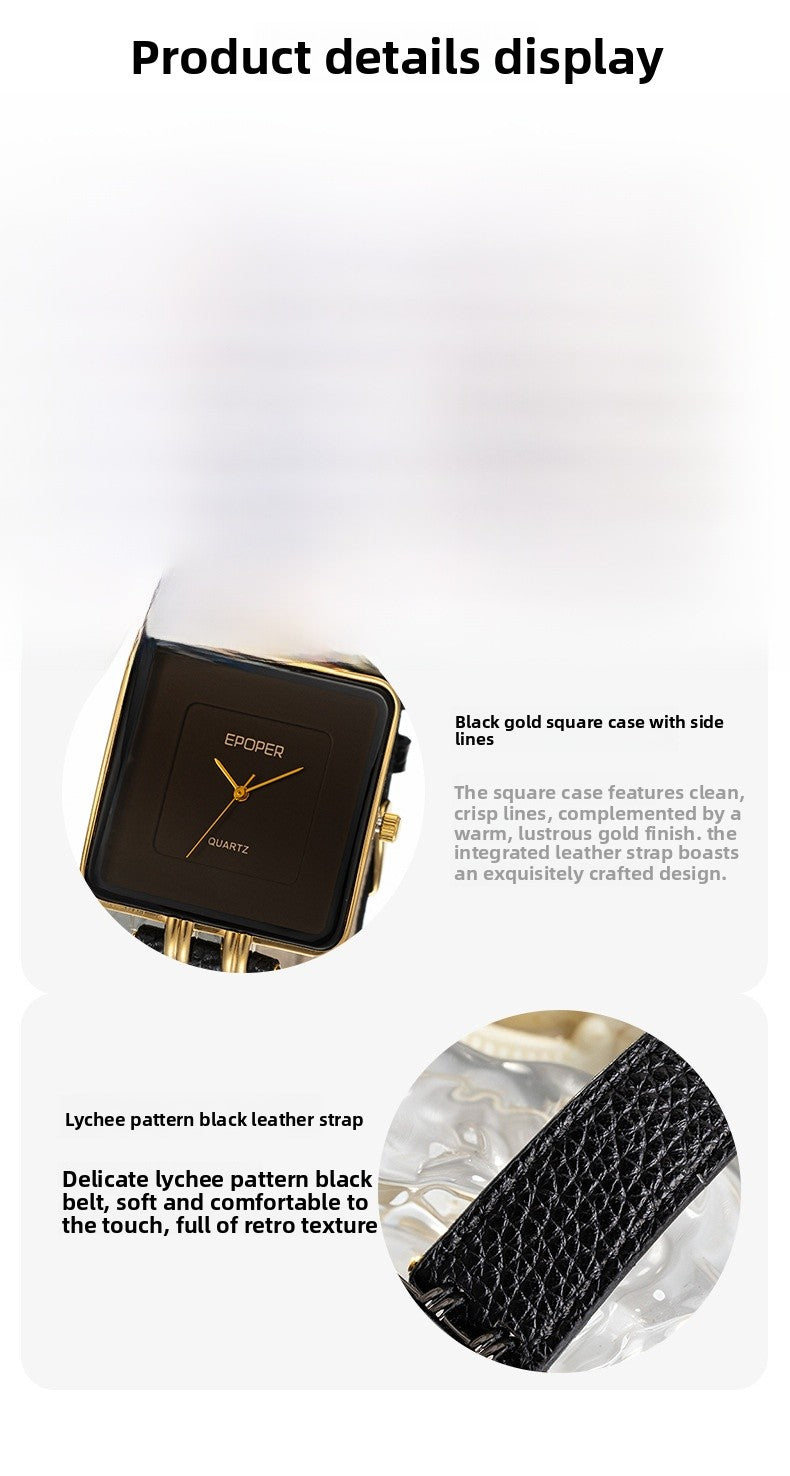 Men's Quartz Watch With Square Dial, Genuine Leather Strap, Tempered Glass Mirror, And Pointer Display Featuring Pin Buckle