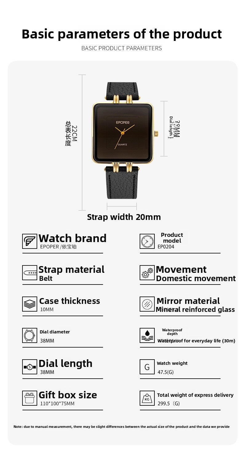 Men's Quartz Watch With Square Dial, Genuine Leather Strap, Tempered Glass Mirror, And Pointer Display Featuring Pin Buckle