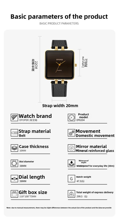Men's Quartz Watch With Square Dial, Genuine Leather Strap, Tempered Glass Mirror, And Pointer Display Featuring Pin Buckle