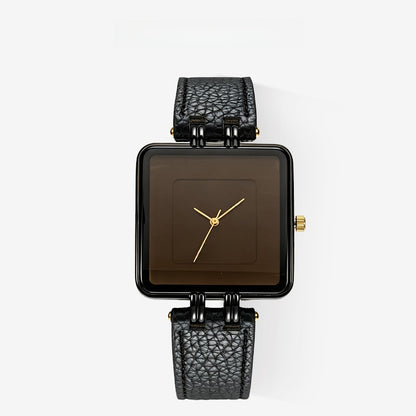 Men's Quartz Watch With Square Dial, Genuine Leather Strap, Tempered Glass Mirror, And Pointer Display Featuring Pin Buckle