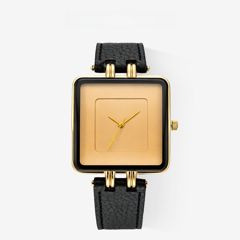 Men's Quartz Watch With Square Dial, Genuine Leather Strap, Tempered Glass Mirror, And Pointer Display Featuring Pin Buckle