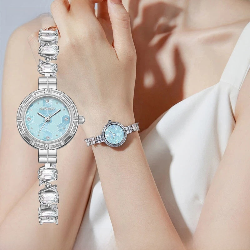 Women’s Quartz Watch With Copper Strap And Jewelry Buckle, Round Dial Featuring Tempered Glass Mirror