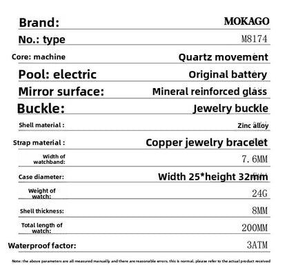 Women’s Quartz Watch With Copper Strap And Jewelry Buckle, Round Dial Featuring Tempered Glass Mirror
