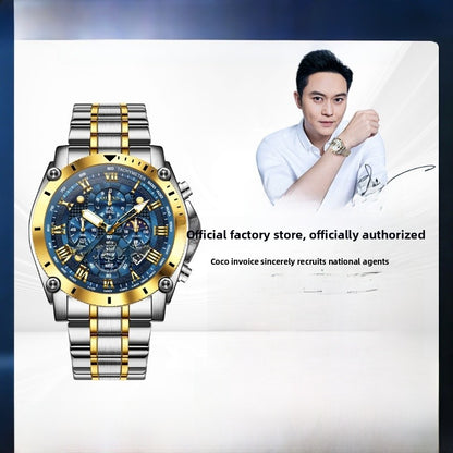 Men's Quartz Watch With Round Dial, Steel Belt Strap, Coated Glass Mirror, Pointer Display, And Butterfly Double Snap Buckle