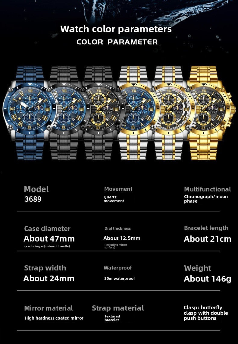 Men's Quartz Watch With Round Dial, Steel Belt Strap, Coated Glass Mirror, Pointer Display, And Butterfly Double Snap Buckle