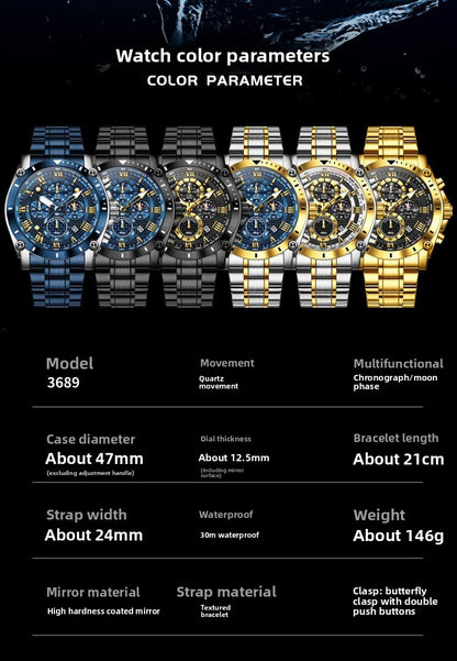 Men's Quartz Watch With Round Dial, Steel Belt Strap, Coated Glass Mirror, Pointer Display, And Butterfly Double Snap Buckle