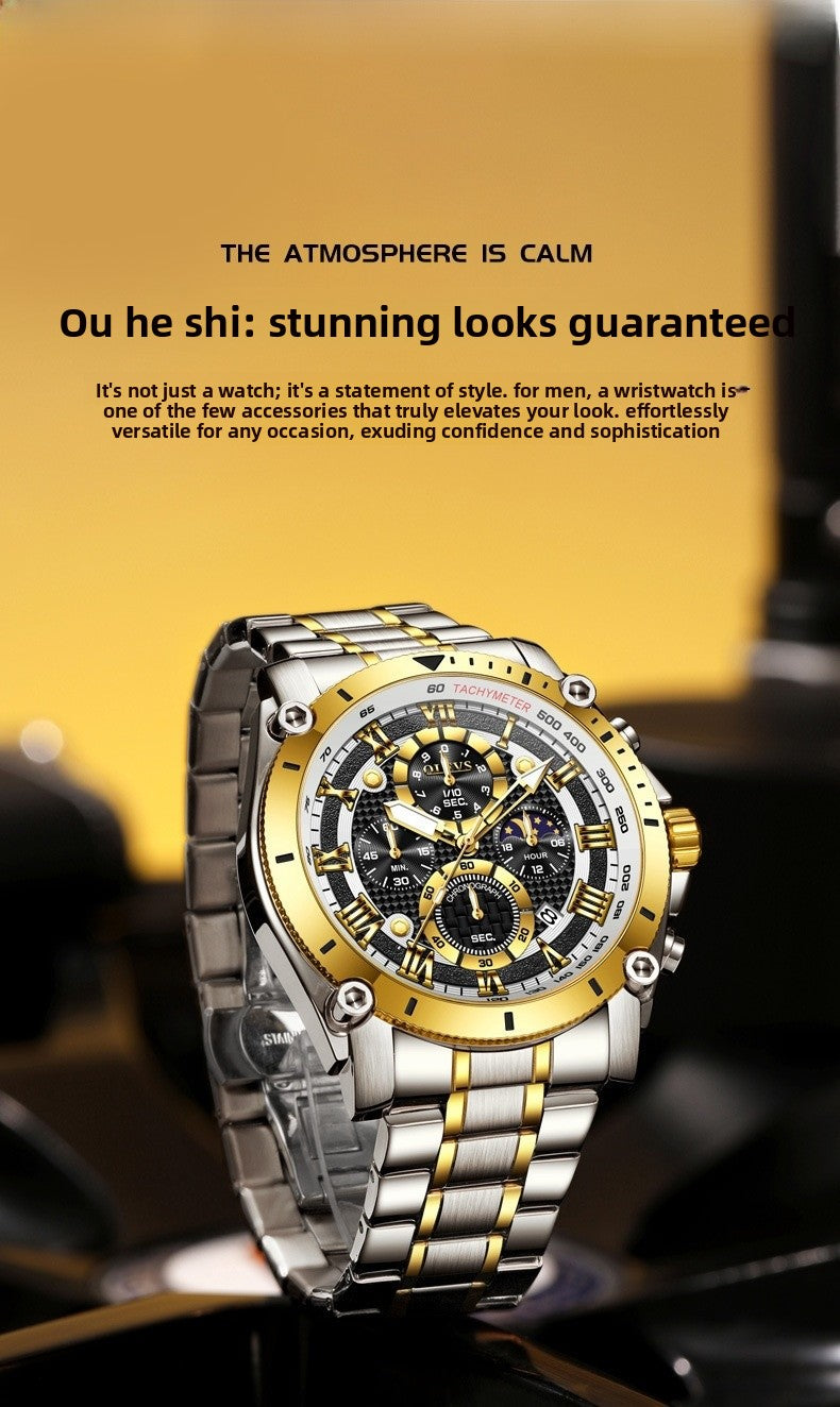 Men's Quartz Watch With Round Dial, Steel Belt Strap, Coated Glass Mirror, Pointer Display, And Butterfly Double Snap Buckle
