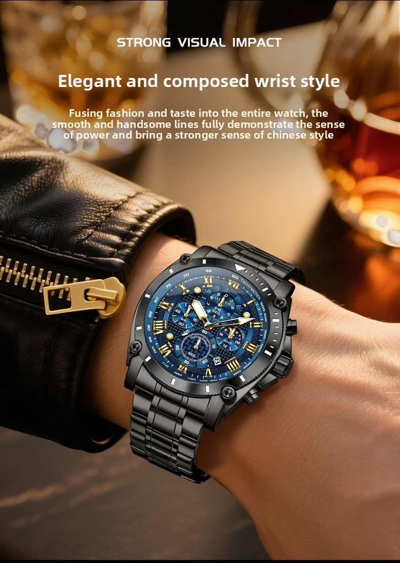 Men's Quartz Watch With Round Dial, Steel Belt Strap, Coated Glass Mirror, Pointer Display, And Butterfly Double Snap Buckle