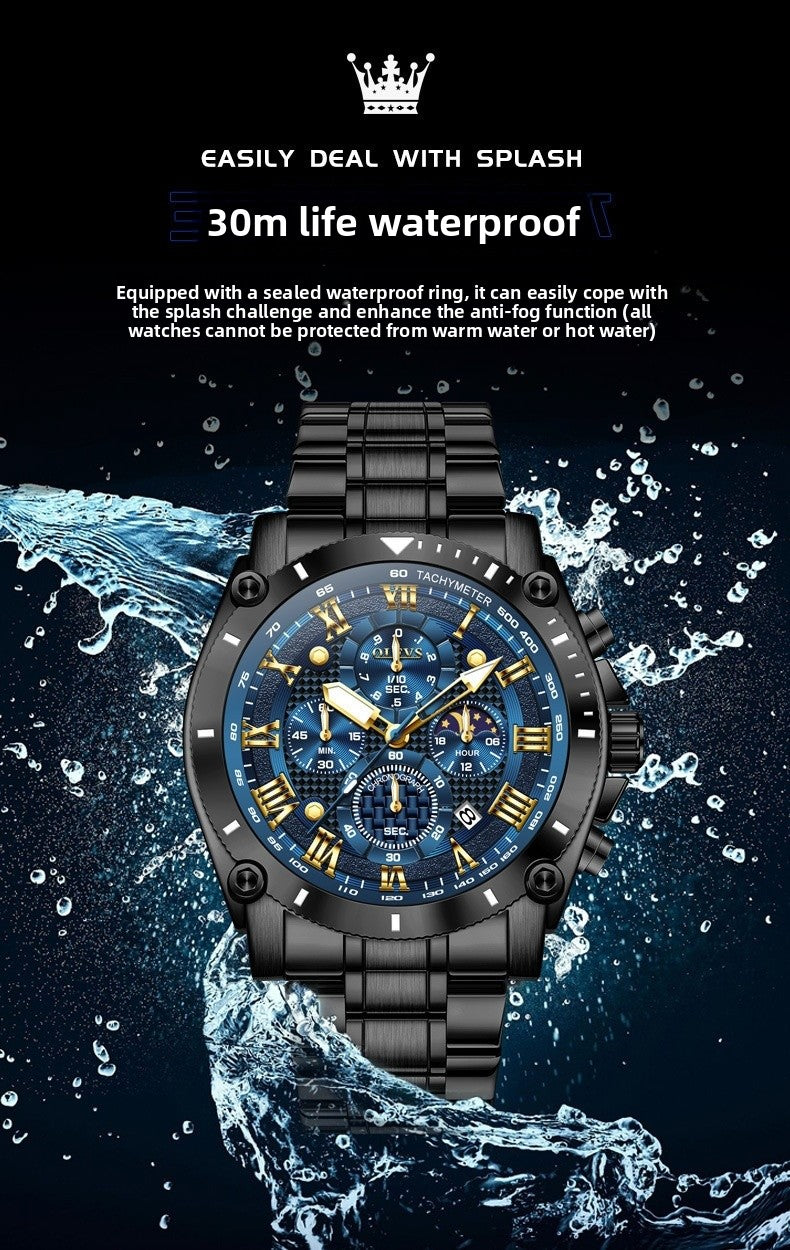 Men's Quartz Watch With Round Dial, Steel Belt Strap, Coated Glass Mirror, Pointer Display, And Butterfly Double Snap Buckle