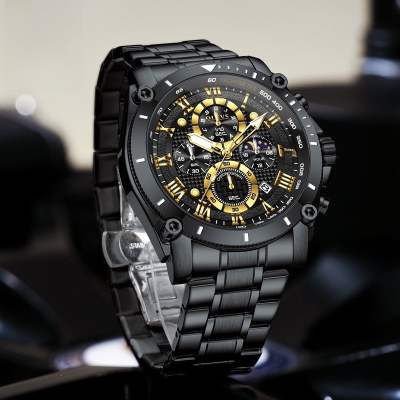Men's Quartz Watch With Round Dial, Steel Belt Strap, Coated Glass Mirror, Pointer Display, And Butterfly Double Snap Buckle
