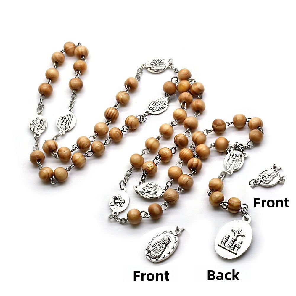 Maillard Style Wine Red Wood Cross Long Necklace With Electroplated Finish And Alloy Pendant On Ball Chain