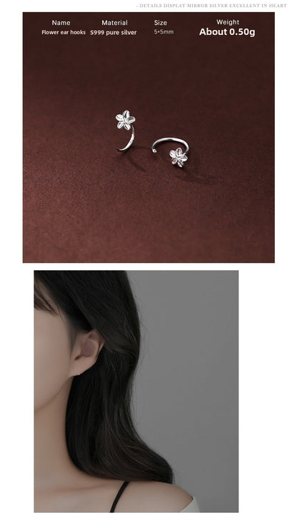 Silver Flowers Ear Hook For Women Made Of S999 Silver Featuring Electroplated Craftsmanship In Simple Style