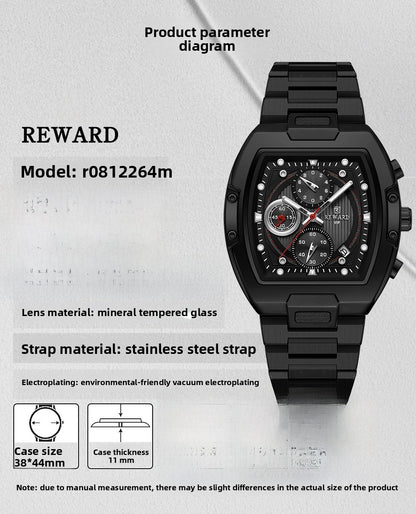 Men's Quartz Watch With Barrel Shape Dial, Stainless Steel Strap, Double Side Snaps Buckle, And Tempered Glass Mirror