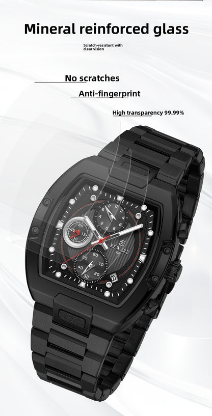 Men's Quartz Watch With Barrel Shape Dial, Stainless Steel Strap, Double Side Snaps Buckle, And Tempered Glass Mirror