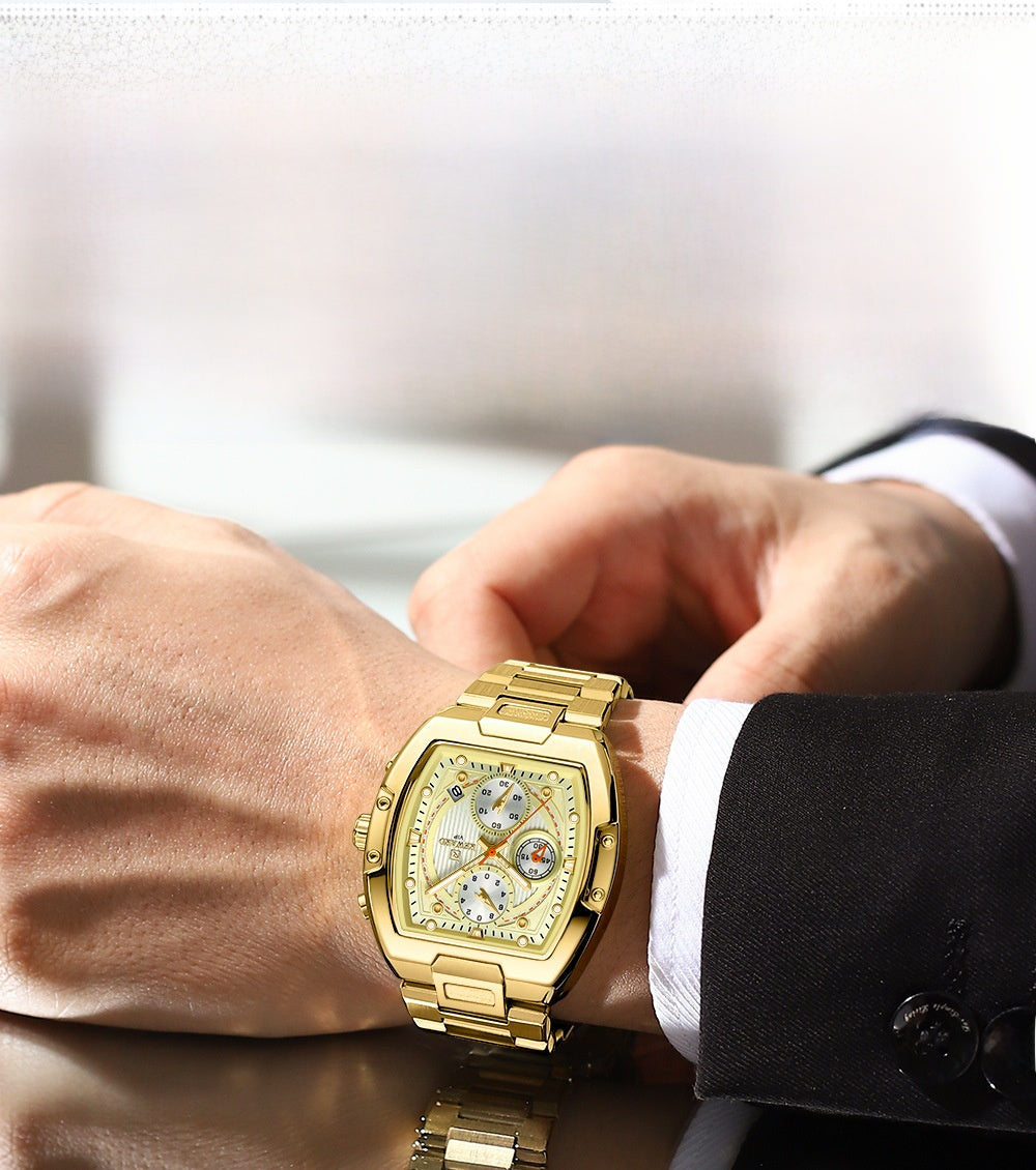 Men's Quartz Watch With Barrel Shape Dial, Stainless Steel Strap, Double Side Snaps Buckle, And Tempered Glass Mirror