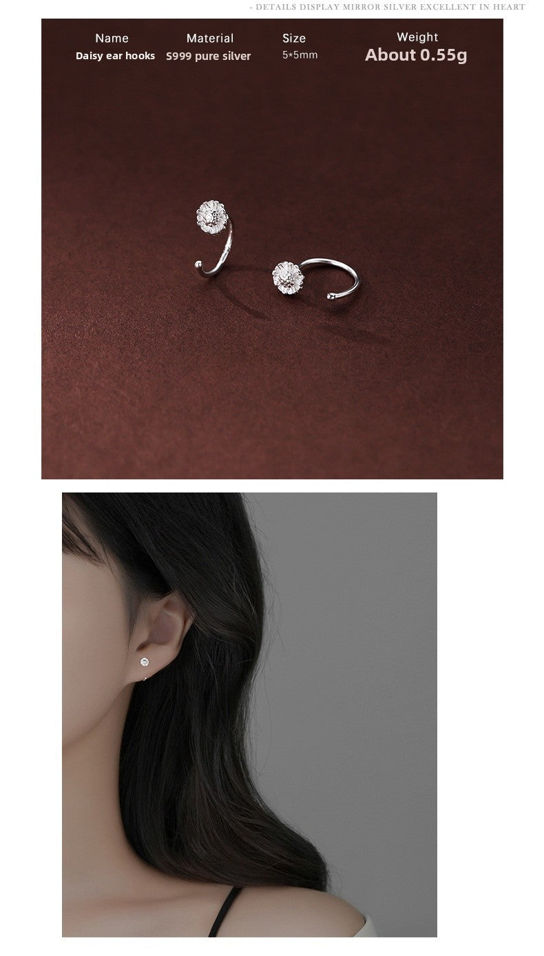 Silver Flowers Ear Hook For Women Made Of S999 Silver Featuring Electroplated Craftsmanship In Simple Style