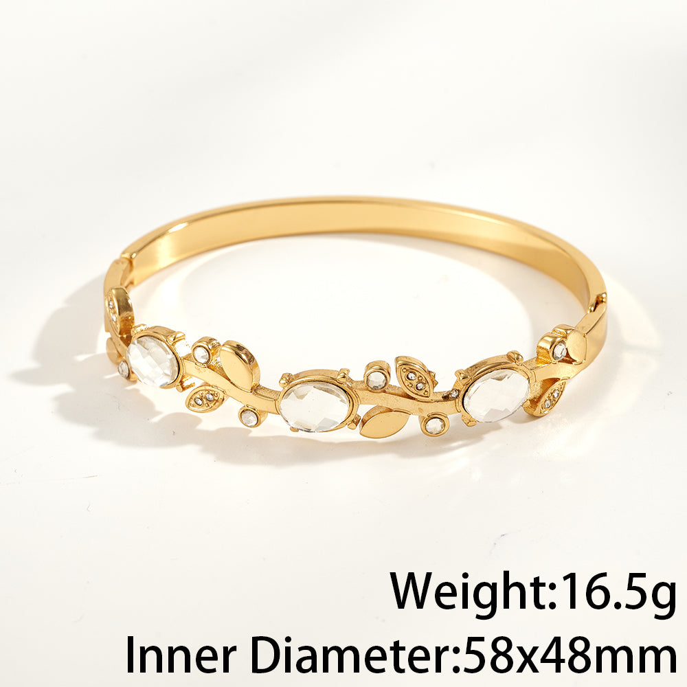 Women’s Electroplated Leaf Bangle In 304 Stainless Steel With 18K Real Gold PVD Coating And Rhinestone Inlay