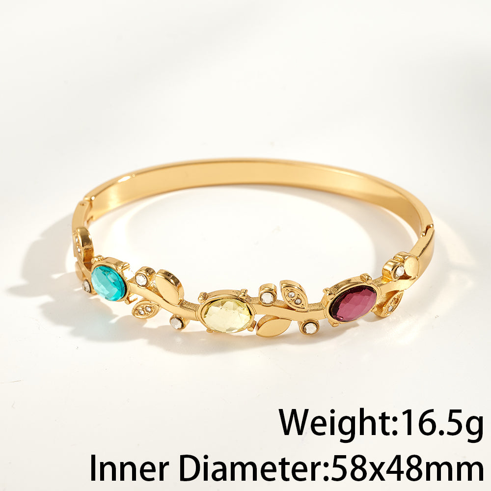 Women’s Electroplated Leaf Bangle In 304 Stainless Steel With 18K Real Gold PVD Coating And Rhinestone Inlay