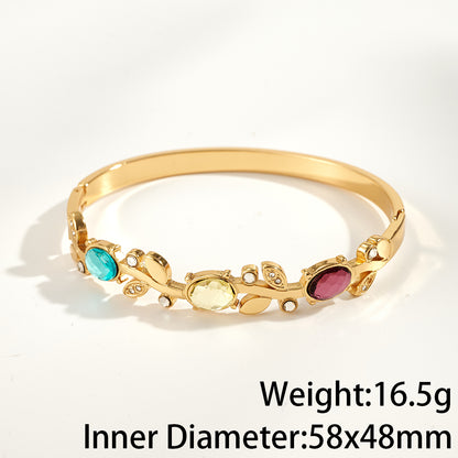 Women’s Electroplated Leaf Bangle In 304 Stainless Steel With 18K Real Gold PVD Coating And Rhinestone Inlay