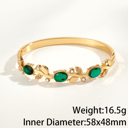 Women’s Electroplated Leaf Bangle In 304 Stainless Steel With 18K Real Gold PVD Coating And Rhinestone Inlay