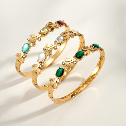 Women’s Electroplated Leaf Bangle In 304 Stainless Steel With 18K Real Gold PVD Coating And Rhinestone Inlay