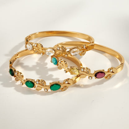 Women’s Electroplated Leaf Bangle In 304 Stainless Steel With 18K Real Gold PVD Coating And Rhinestone Inlay
