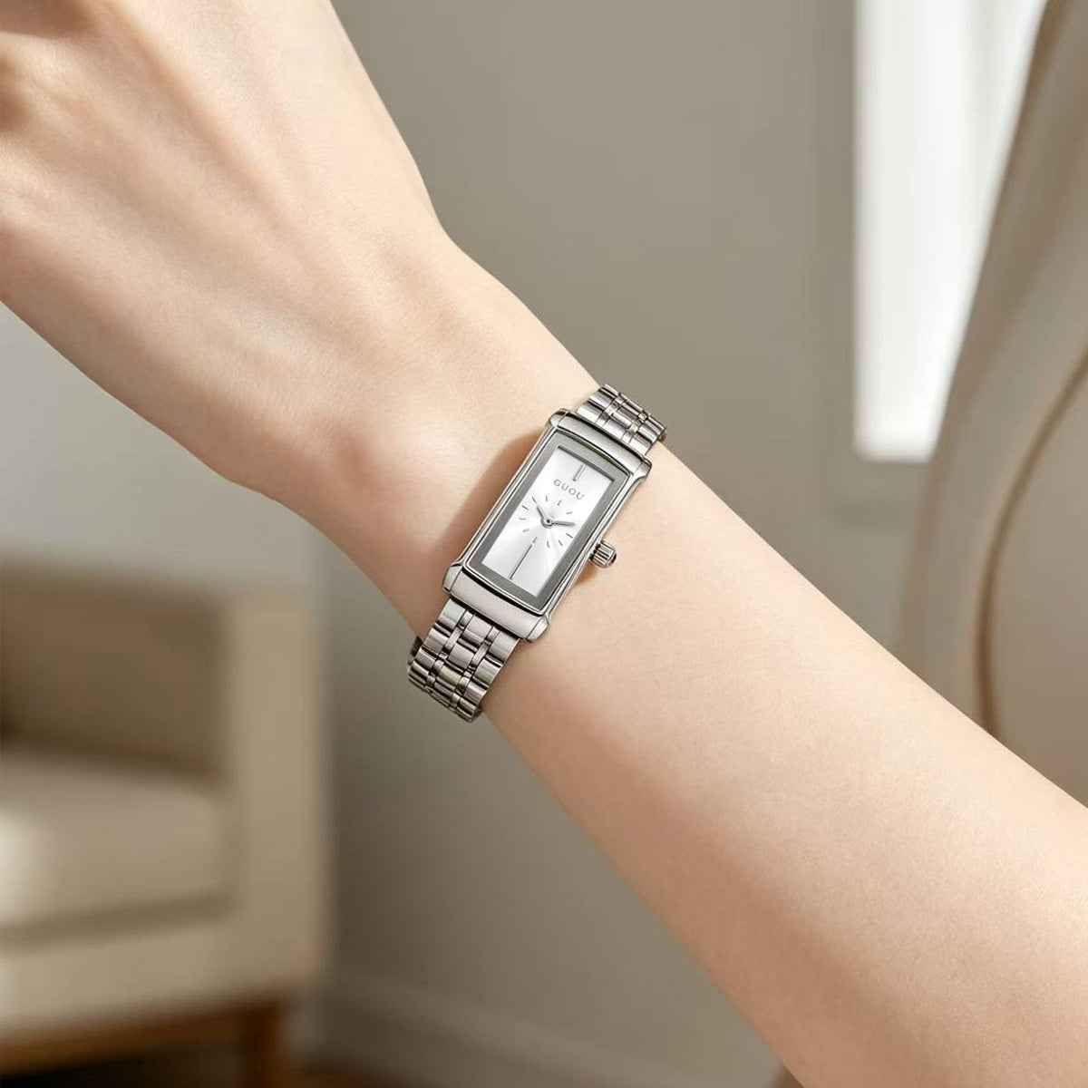 Women's Quartz Watch With Square Dial, Stainless Steel Strap, Tempered Glass Mirror, And Butterfly Double Snap Buckle
