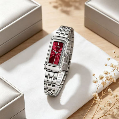 Women's Quartz Watch With Square Dial, Stainless Steel Strap, Tempered Glass Mirror, And Butterfly Double Snap Buckle