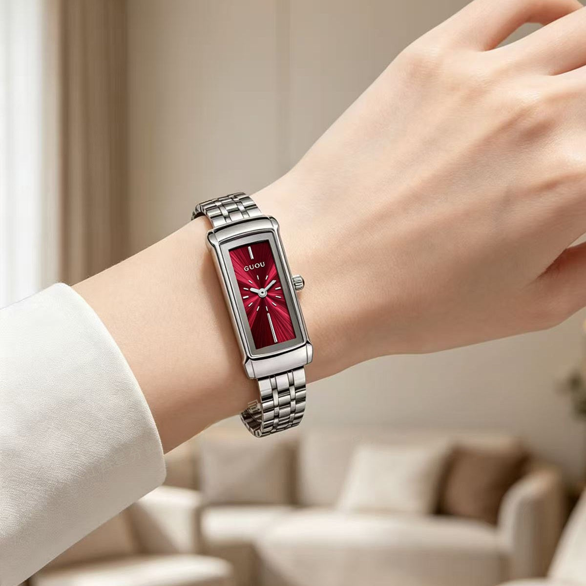 Women's Quartz Watch With Square Dial, Stainless Steel Strap, Tempered Glass Mirror, And Butterfly Double Snap Buckle