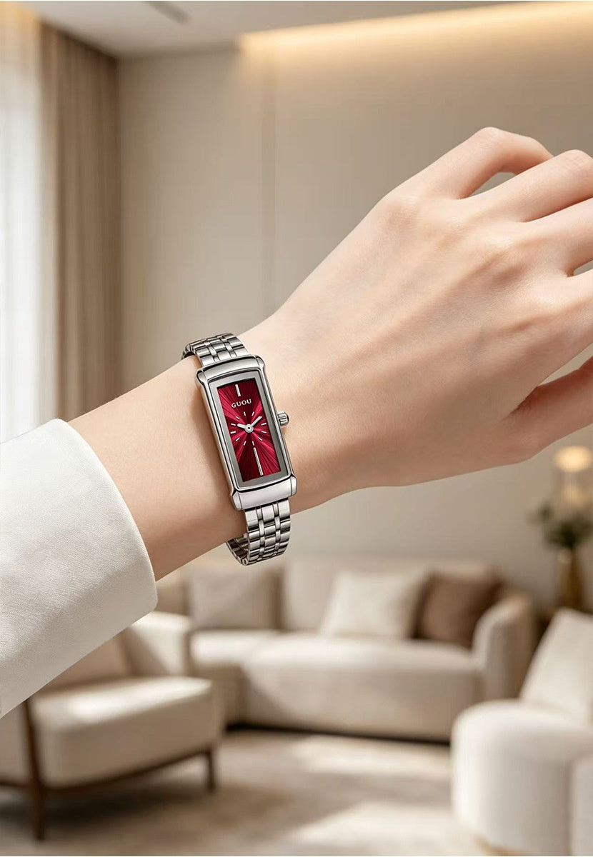 Women's Quartz Watch With Square Dial, Stainless Steel Strap, Tempered Glass Mirror, And Butterfly Double Snap Buckle