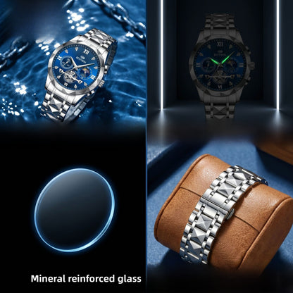 Men's Quartz Watch With Stainless Steel Strap And Butterfly Double Snap Buckle, Round Dial Featuring Tempered Glass And Pointer Display