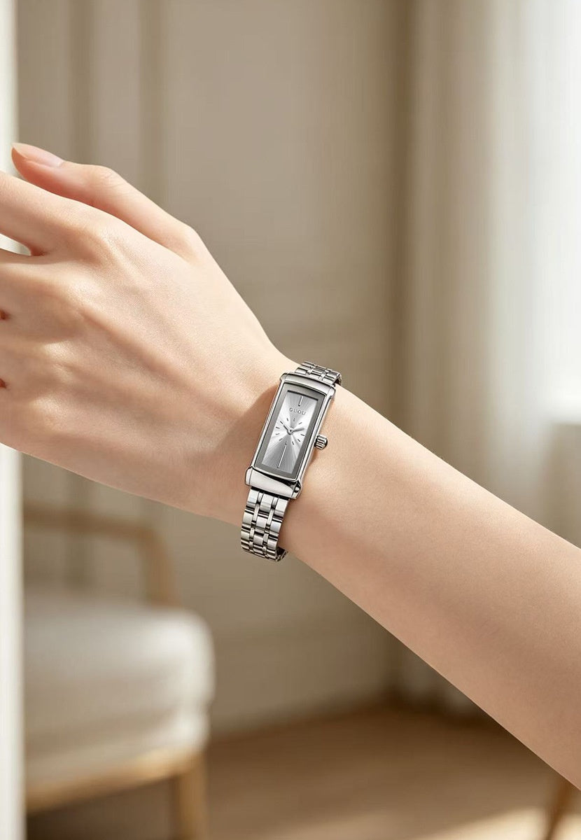 Women's Quartz Watch With Square Dial, Stainless Steel Strap, Tempered Glass Mirror, And Butterfly Double Snap Buckle