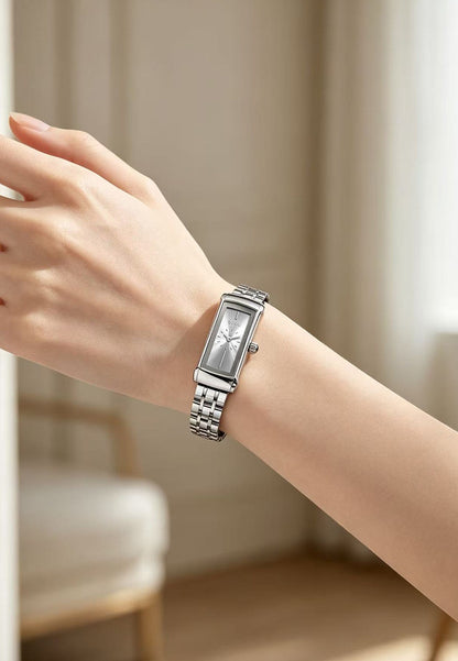 Women's Quartz Watch With Square Dial, Stainless Steel Strap, Tempered Glass Mirror, And Butterfly Double Snap Buckle