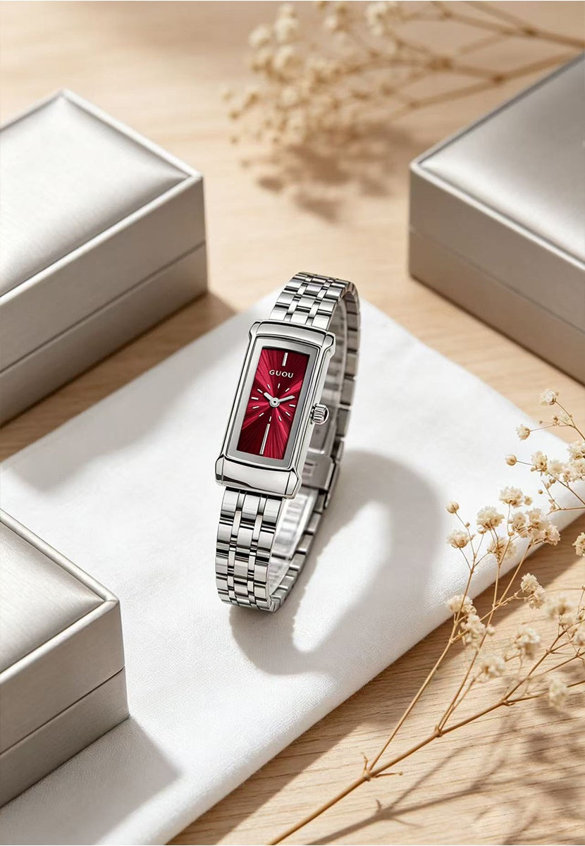Women's Quartz Watch With Square Dial, Stainless Steel Strap, Tempered Glass Mirror, And Butterfly Double Snap Buckle