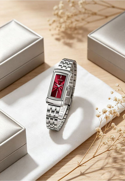 Women's Quartz Watch With Square Dial, Stainless Steel Strap, Tempered Glass Mirror, And Butterfly Double Snap Buckle