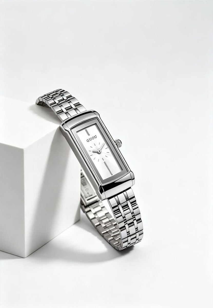 Women's Quartz Watch With Square Dial, Stainless Steel Strap, Tempered Glass Mirror, And Butterfly Double Snap Buckle